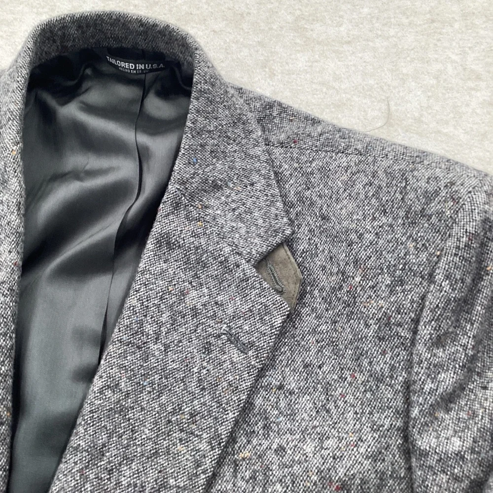 Brookleigh Mens 44R Grey Donegal Tweed Blazer Elbow Patches Made in USA